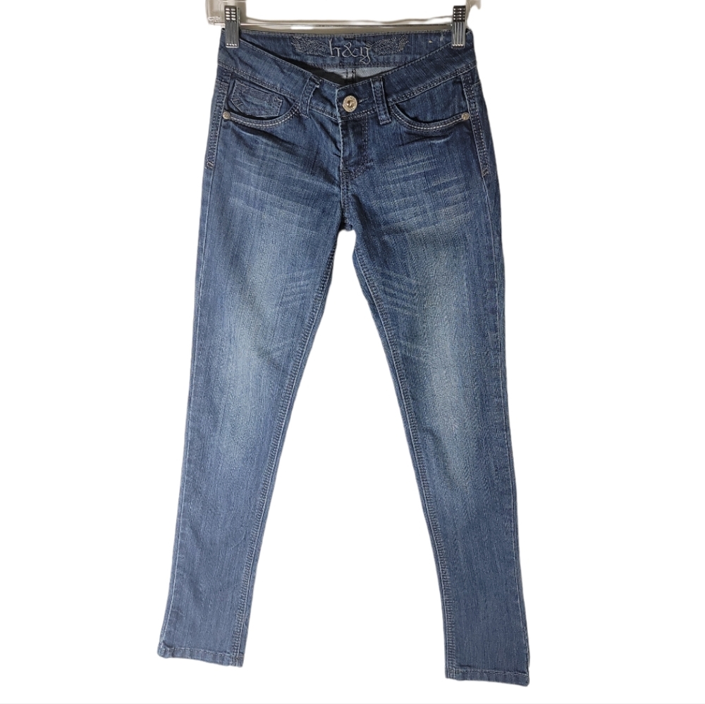 H&G low rise skinny jeans women's size 1 blue denim rhinestone detail pocket Y2K